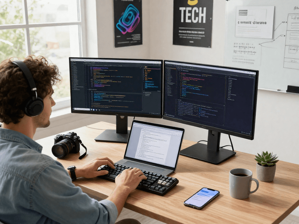 WPS Office软件开发工作空间，程序员专注于双显示器编程，桌上有技术文档和植物。