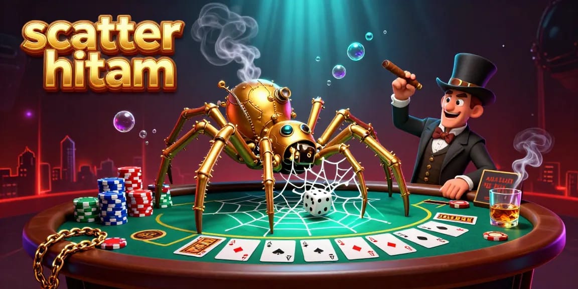 Spin the reels with scatter hitam as a golden spider traps dice in a vibrant casino scene.
