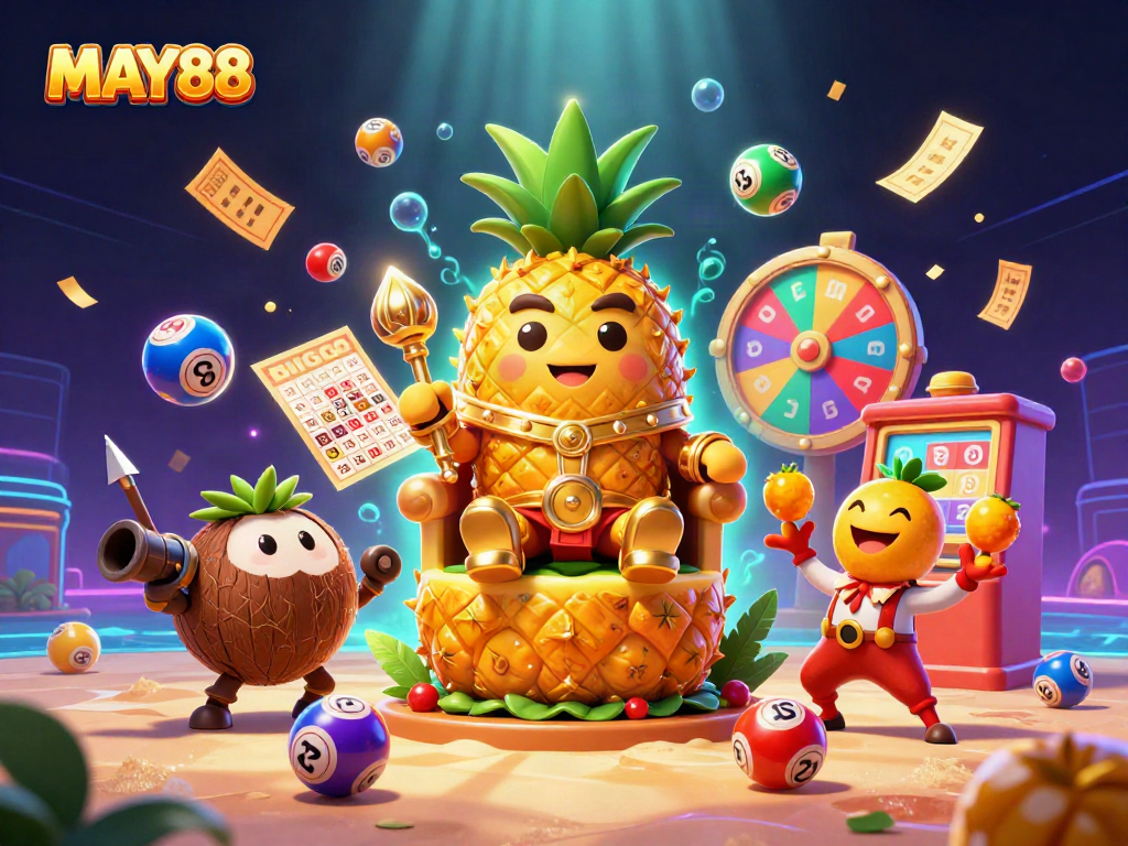 MAY88 Casino features a golden pineapple king and a vibrant carnival scene with lottery balls and confetti.
