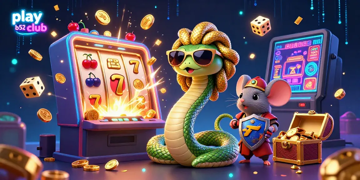 Spin and win at play b52 club with a dynamic illustration featuring a friendly Medusa and a warrior mouse amid a vibrant casino scene.