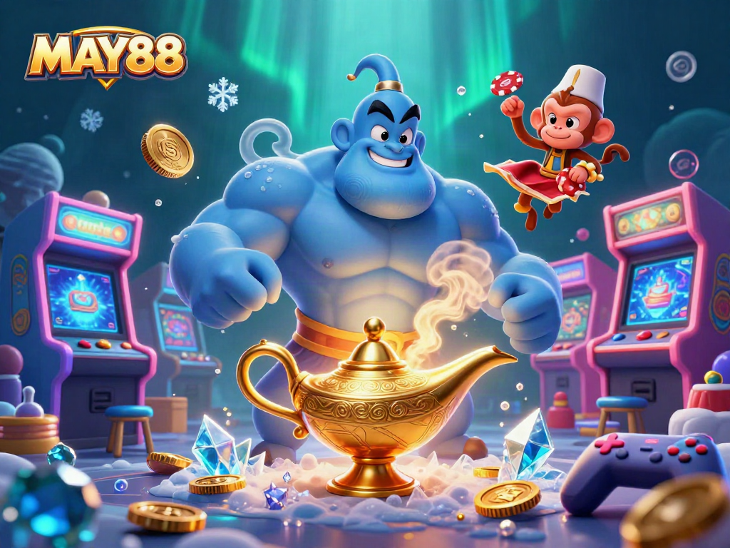 MAY88 showcases a lively 3D scene with a genie and poker elements, enhancing casino excitement.