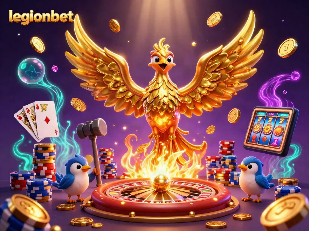Experience thrilling gameplay at legionbet with a golden phoenix amidst dynamic casino elements.