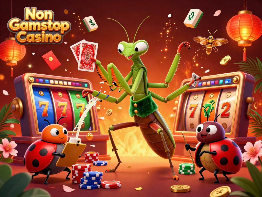 Experience the excitement at Non Gamstop Casino with vibrant illustrations of a giant praying mantis dealer and lively gaming elements.