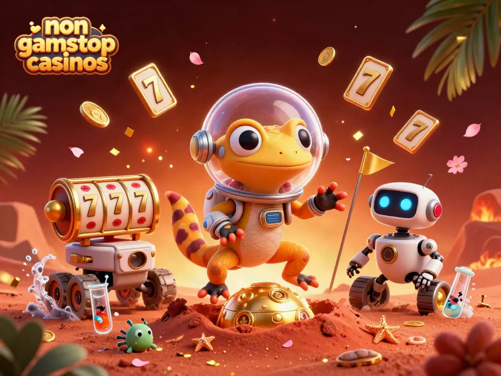 Experience vibrant non gamstop casinos with a Martian gecko discovering a golden casino in a dynamic scene.