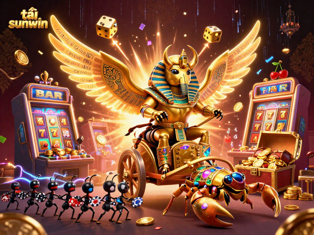 Experience the thrill of tải sunwin with a vibrant 3D casino scene featuring a golden scarab beetle and jackpot explosion.