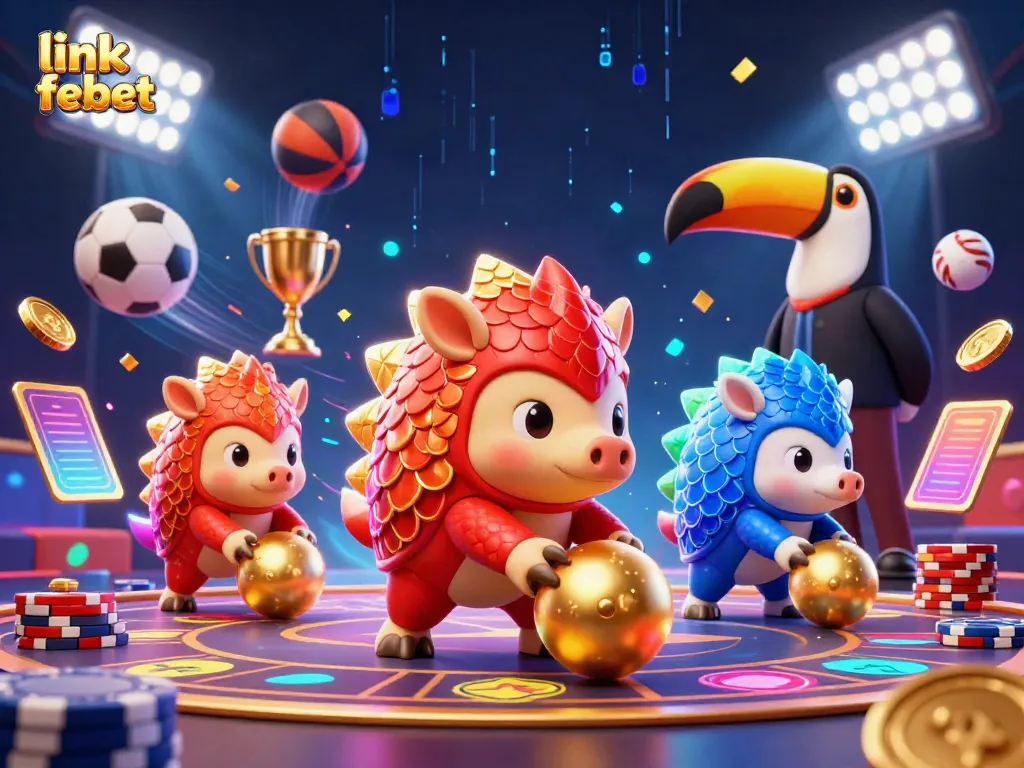 Experience excitement with link febet as rival pangolins roll golden balls through poker chips in this vivid casino scene.