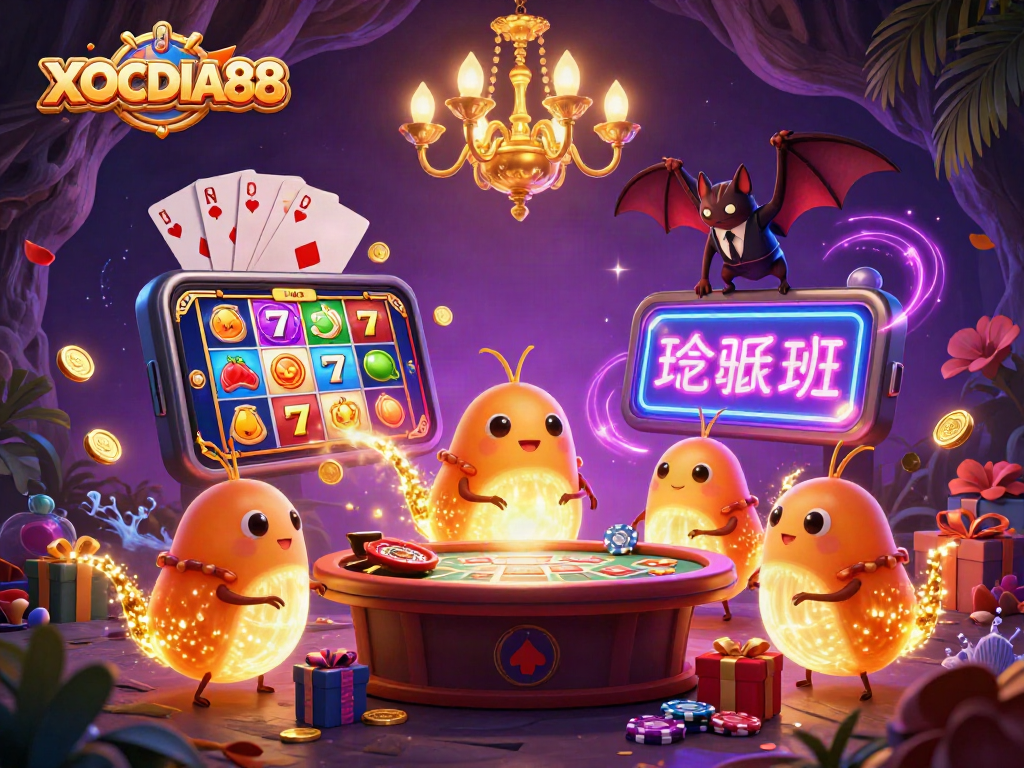 Experience thrilling slots with XOCDIA88 in a vibrant 3D cave casino illuminated by glowing characters.