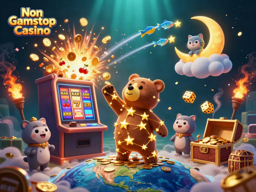 Experience thrills at Non Gamstop Casino with a whimsical 3D scene of a constellation bear, coins, and slot machines.