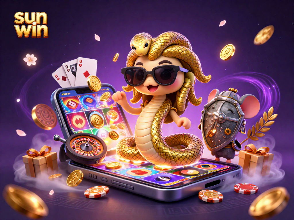 Win exciting prizes with sun win in a vibrant casino scene featuring Medusa and a warrior mouse.