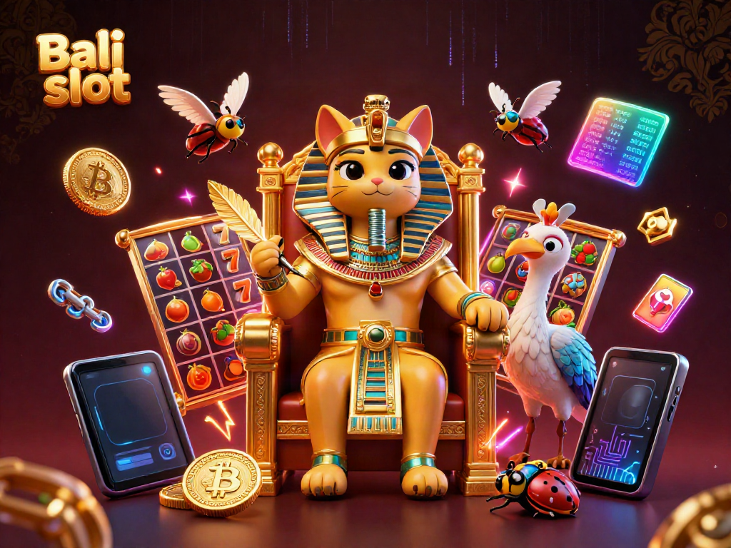 Bali slot gaming scene with 3D Egyptian pharaoh cat, crypto coins, and vibrant jackpot elements.