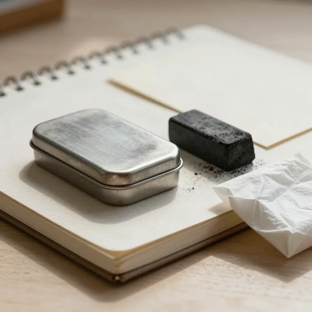Macro of a sketchbook, pencil tin, charcoal wedge, and tissue wrap on linen and wood.