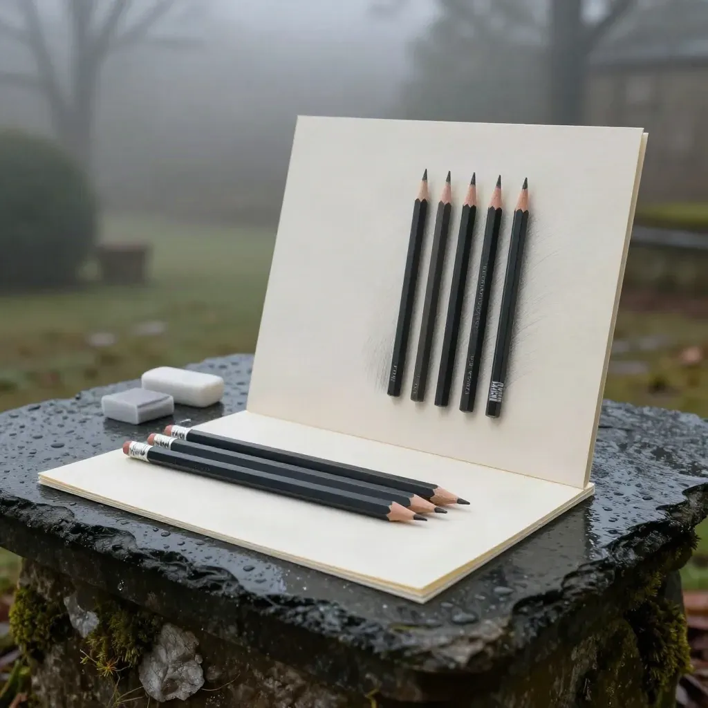 Low hero shot of a graphite portrait drawing kit on a rain-wet slate plinth.