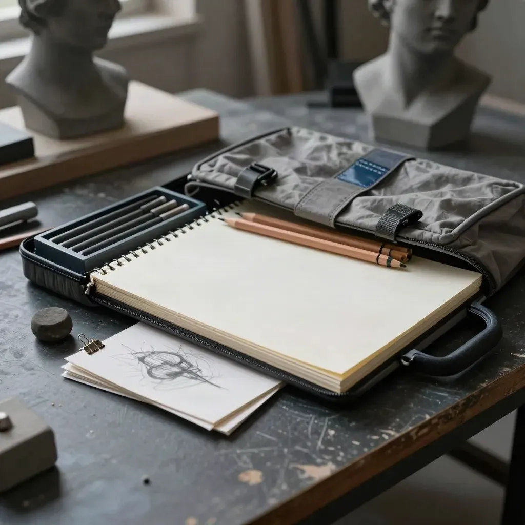 Sketch workshop bundle spilling open on a studio bench in dramatic light with pencils and pads.