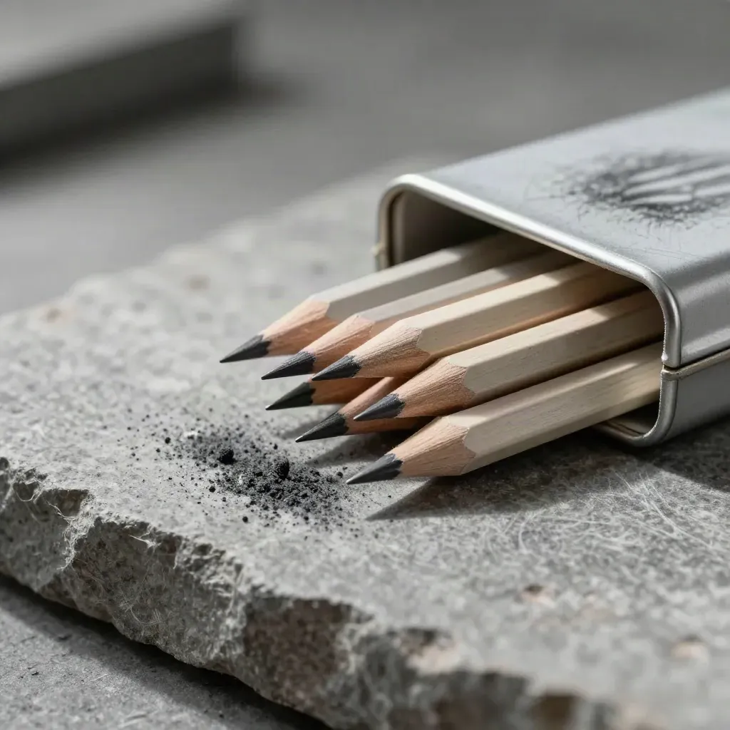 Unbranded graphite sketch tin with pencils and chips sliding on rough stone, lit by soft daylight.