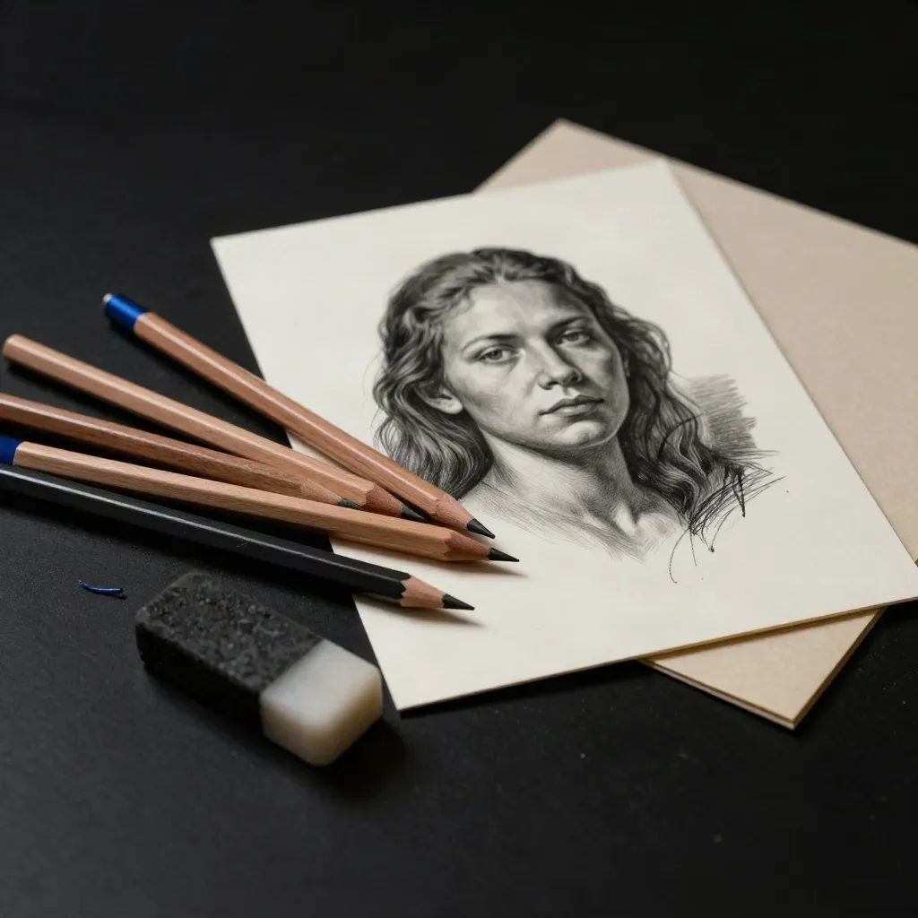 Portrait kit tools arcing around a shaded study card on a dark studio surface.