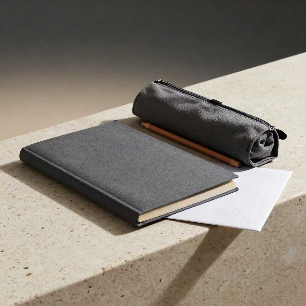 Private tutoring pack with notebook, pencil roll and sealed folder on travertine.