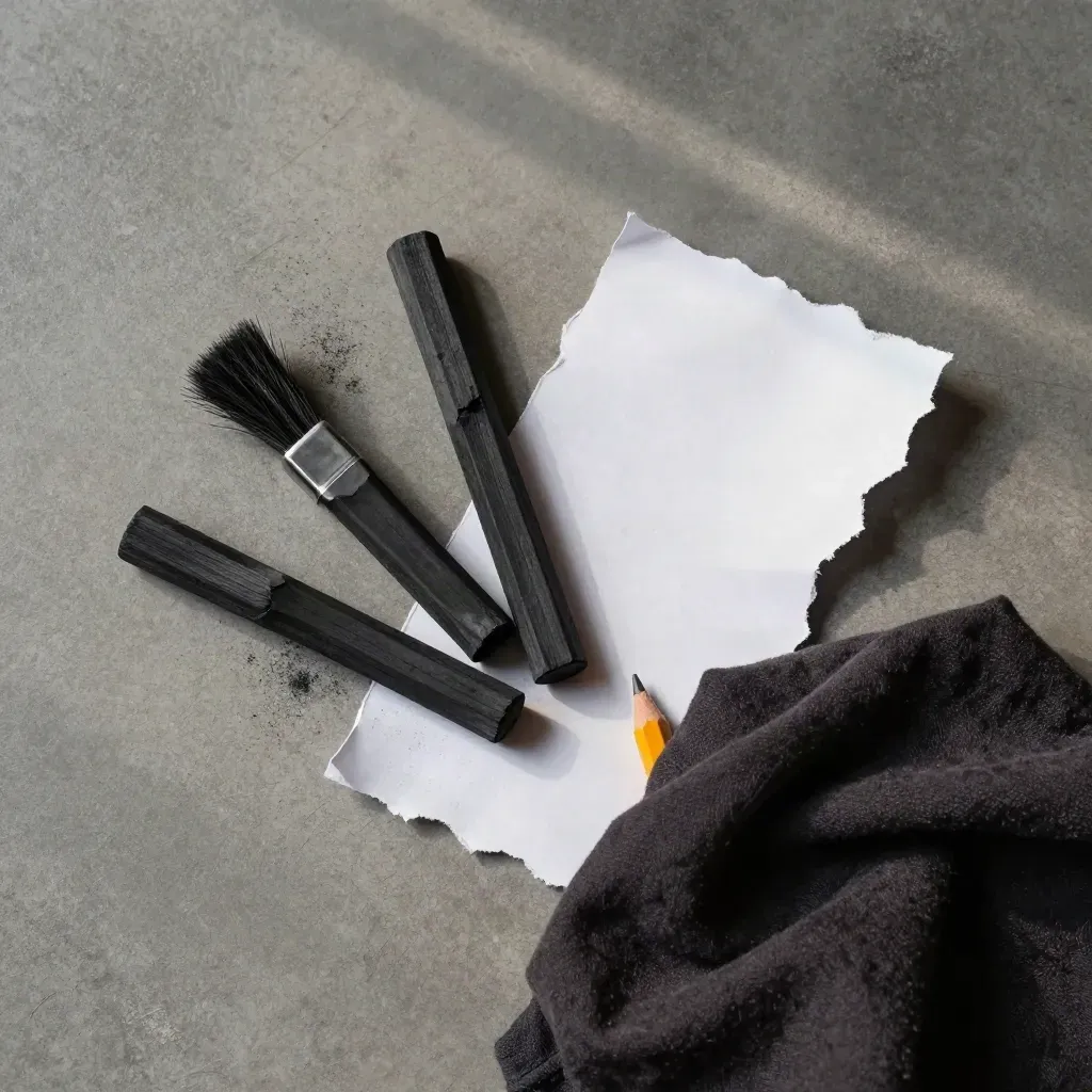 Overhead charcoal practice pack with broken sticks, brush, paper scraps and dust on concrete.