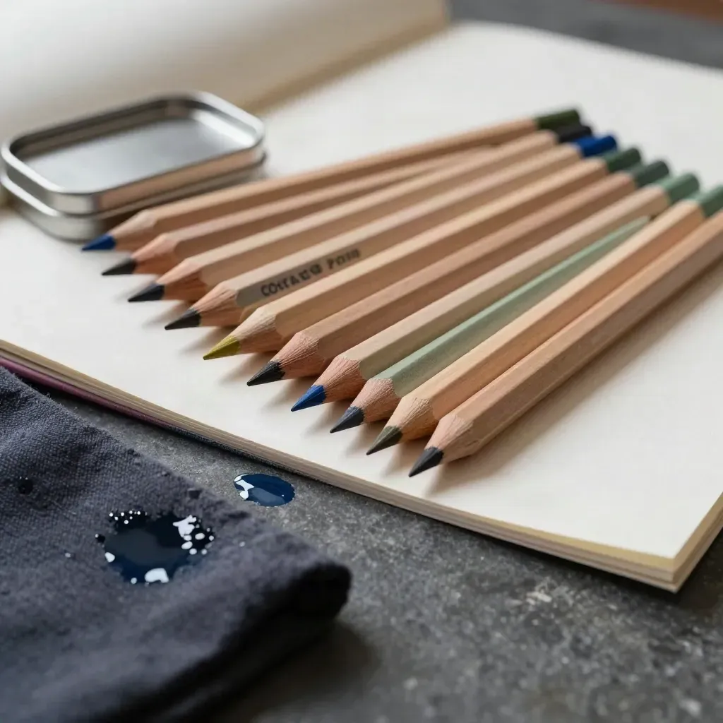 Open tin of watercolour pencils arcing across wet paper beside a damp swatch cloth