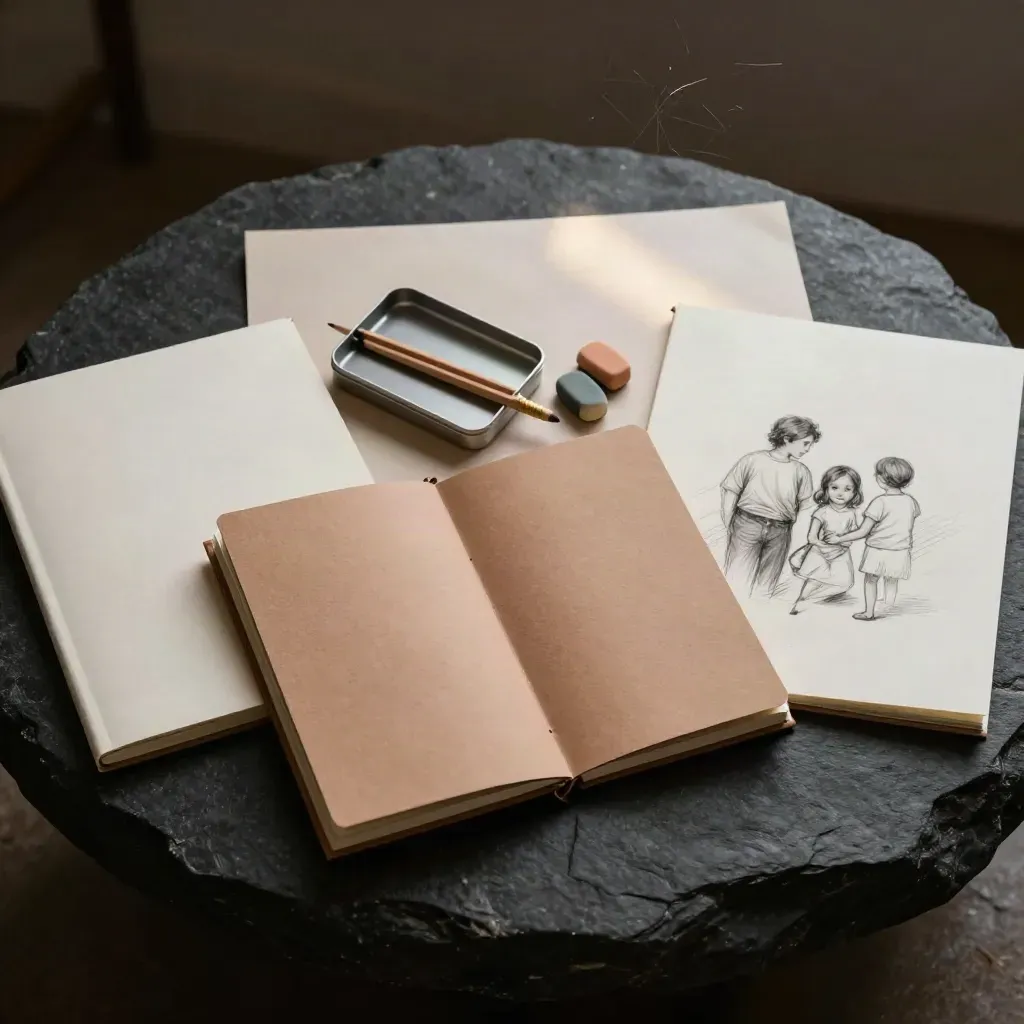 Overhead sketch bundle with two sketchbooks, pencil tin, erasers and foldout case on dark studio slate.