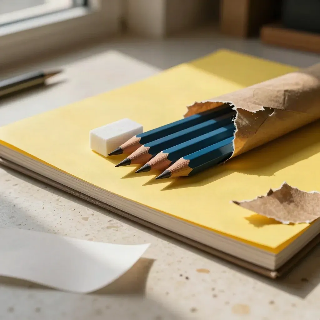 Close-up of a yellow sketch pad, blue pencil tin, graphite pencils and practice block on travertine.