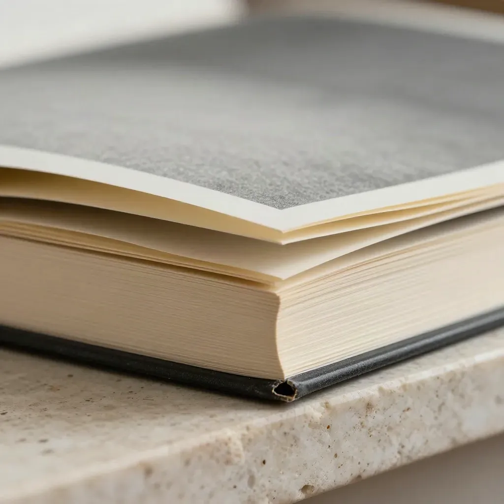 Extreme macro of a cream sketchbook edge on travertine, cover corner lifted in soft light.