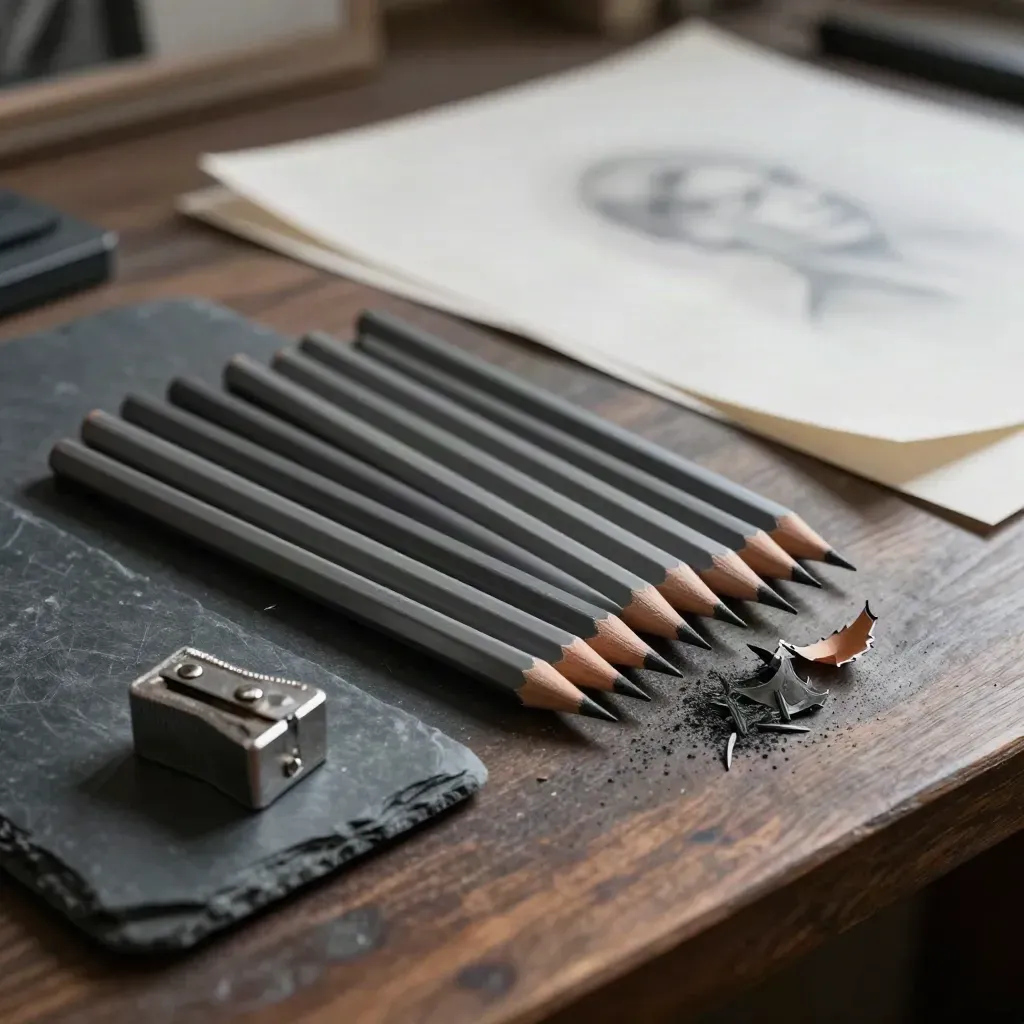 Ten graphite pencils fanned beside slate stone, sharpener and graphite shavings on a studio workbench.
