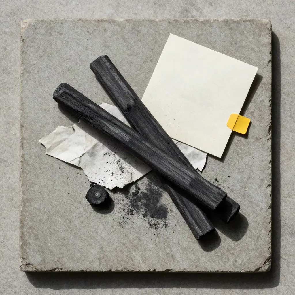 Charcoal sticks trio with rag, torn paper and yellow accent on stone