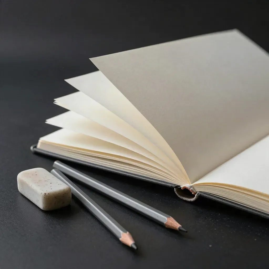 Portrait shading kit with pencils, eraser, stump and half-open sketch pad on dark studio surface