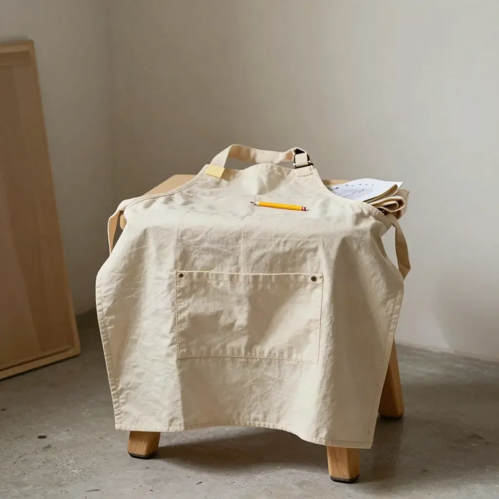 Kids drawing apron draped over a stool in a soft studio hero shot.