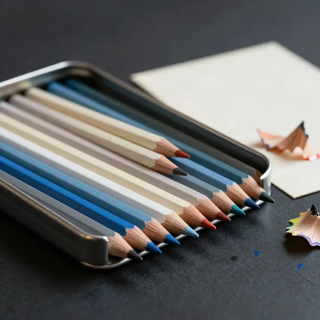 Open tin of rainbow coloured pencils on a dark studio slab with blurred card.