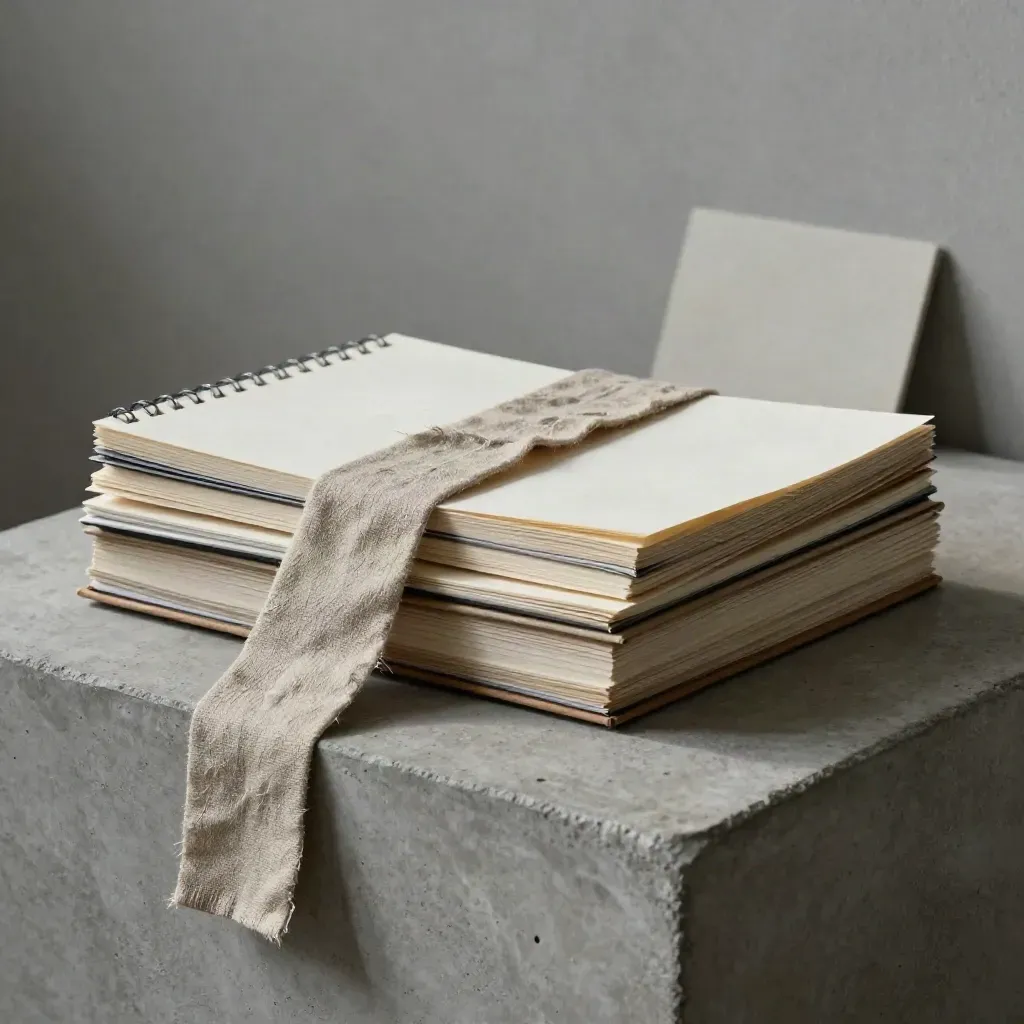 Three spiral-bound sketch pads stacked with linen wrap on a concrete plinth.