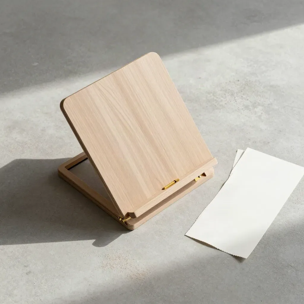 Top-down flatlay of a pale wood desk easel stand with hinge, support bar, and paper offcuts.