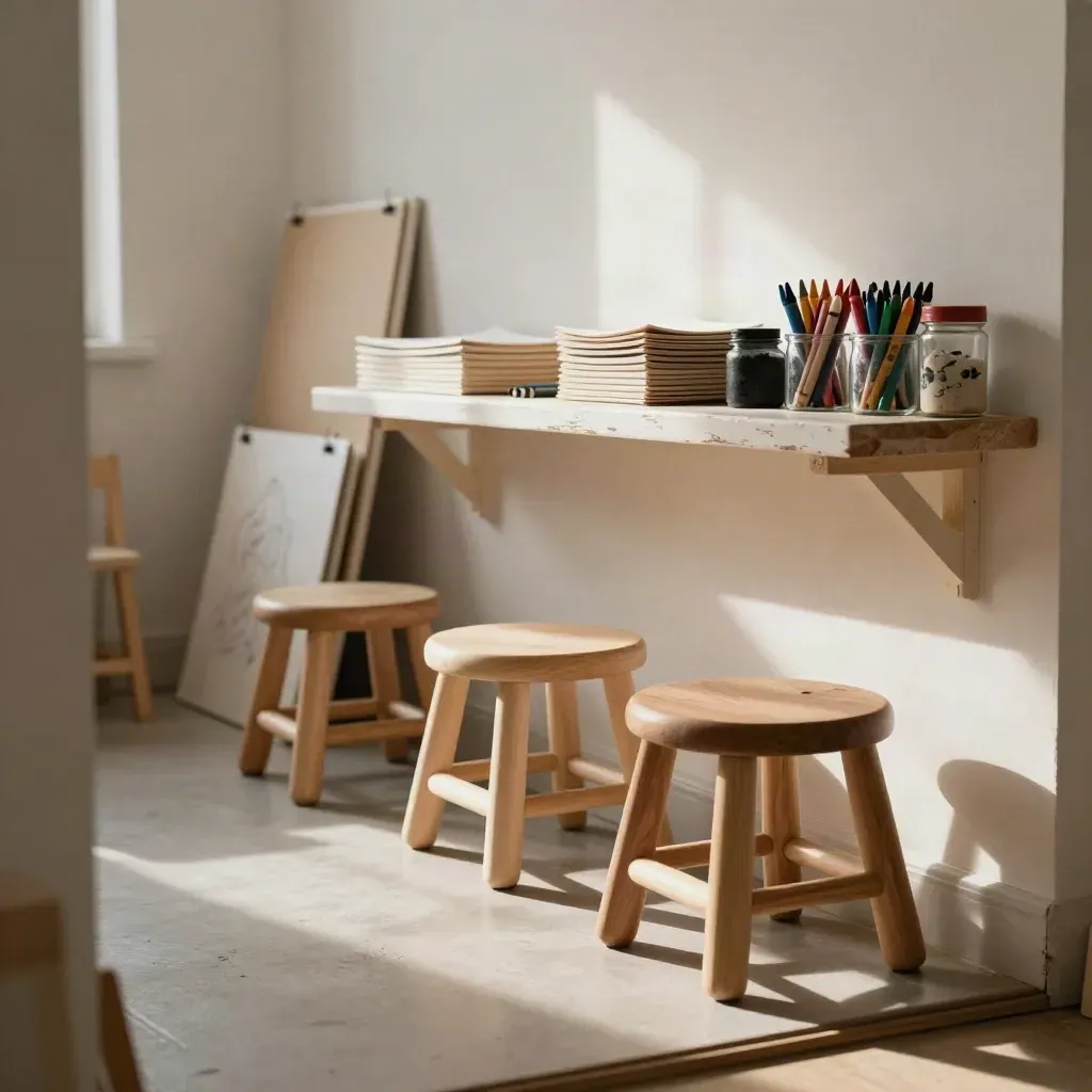 Sunlit kids art club studio corner with stools, paper pads and crayons on a calm pale floor