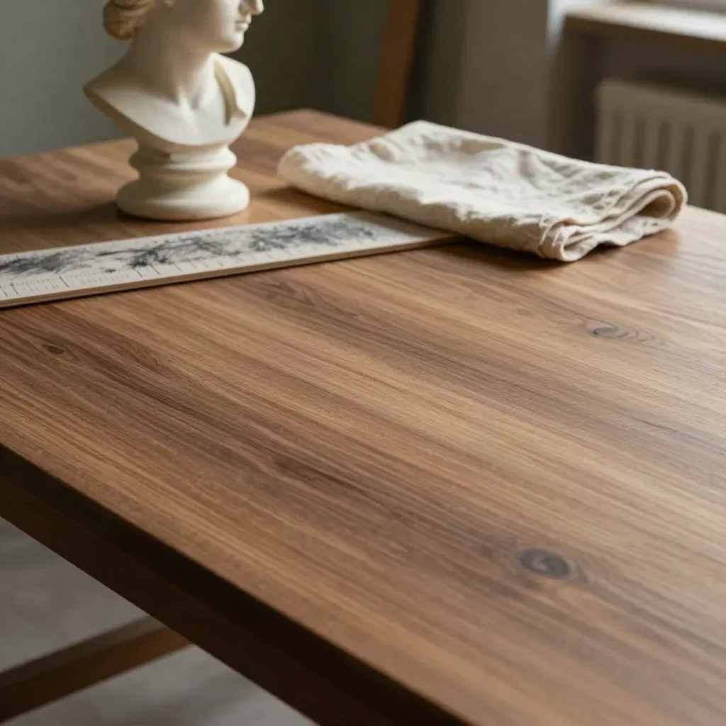 Walnut workshop tabletop with a plaster bust, linen cloth and graphite marks in soft late light.