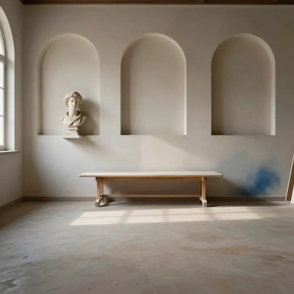 Arched studio windows, plaster bust and drawing bench in a calm sunlit interior.