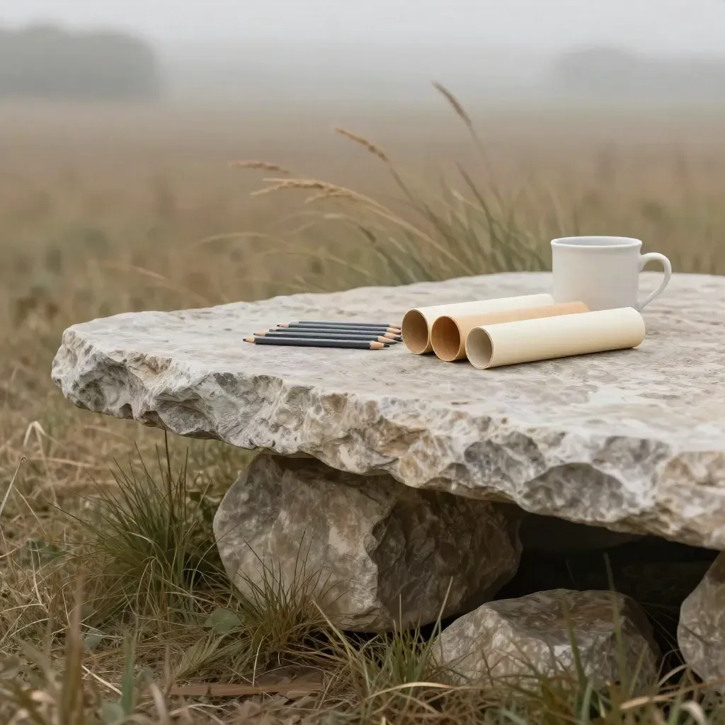 Stone table with pencils and paper tubes beside grasses, calm misty field backdrop.
