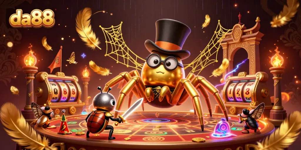 Engage with da88's thrilling gaming scene showcasing a golden tarantula and brave beetle knight.
