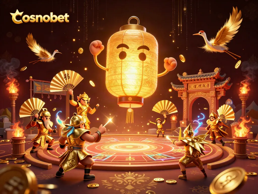 Experience the vibrant world of cosmobet casino with stunning visuals of a golden lantern spirit and gaming elements.