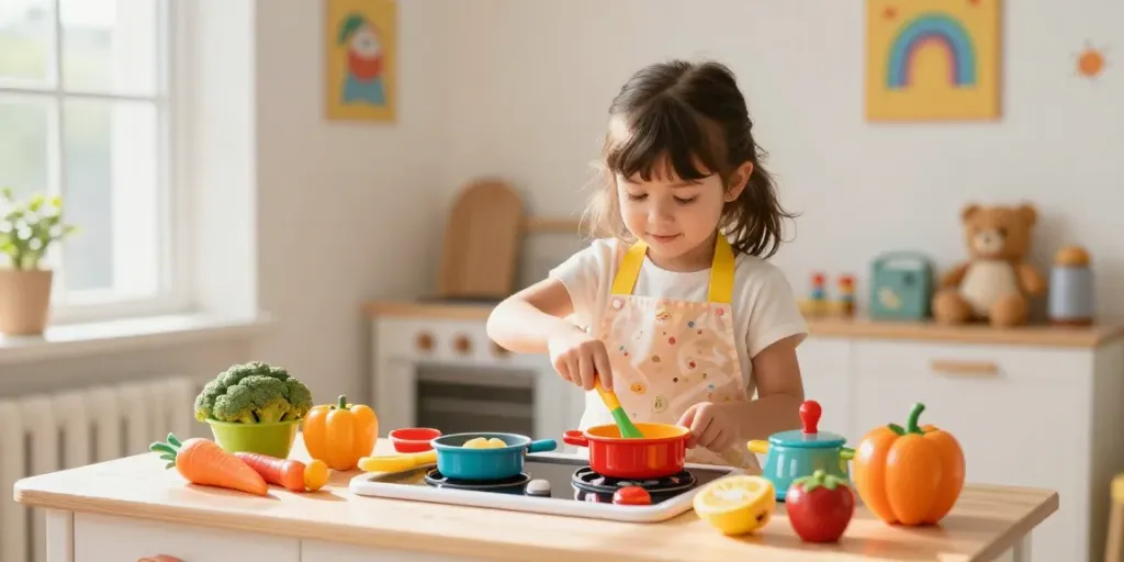 Little girl playing in a kids kitchen, joyfully cooking with colourful utensils and pretend food.
