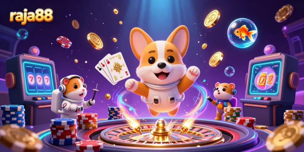 Experience the excitement of raja88 with a lively casino scene featuring floating characters and rich game elements.