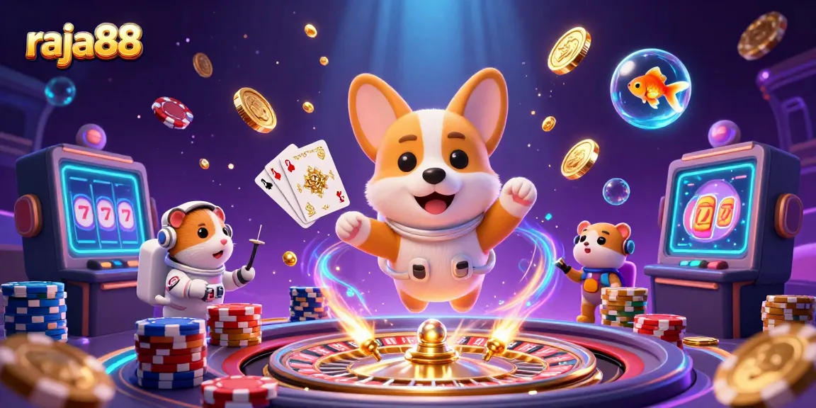 Experience the excitement of raja88 with a lively casino scene featuring floating characters and rich game elements.
