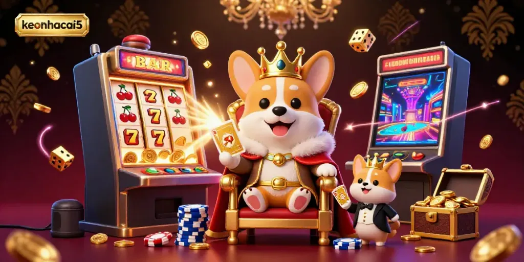 Experience the finest betting moments with keonhacai5 as a royal corgi rules atop poker chips, surrounded by vibrant casino elements.