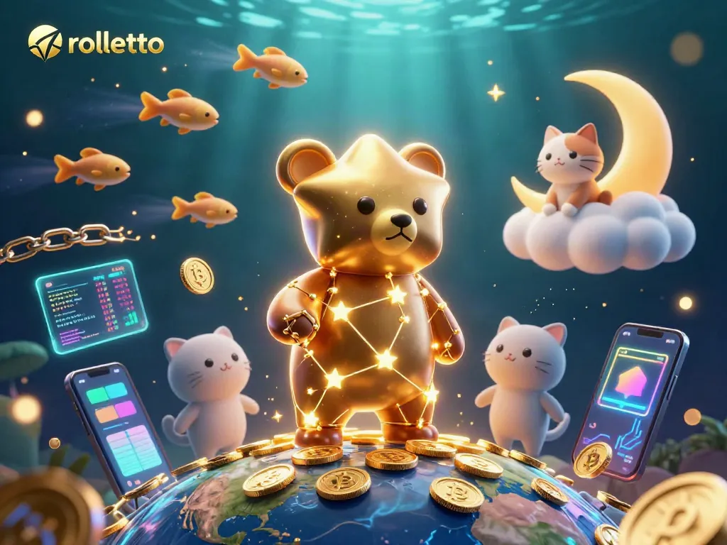 Engage with rolletto in this 3D casino scene featuring a constellation bear and crypto coins.