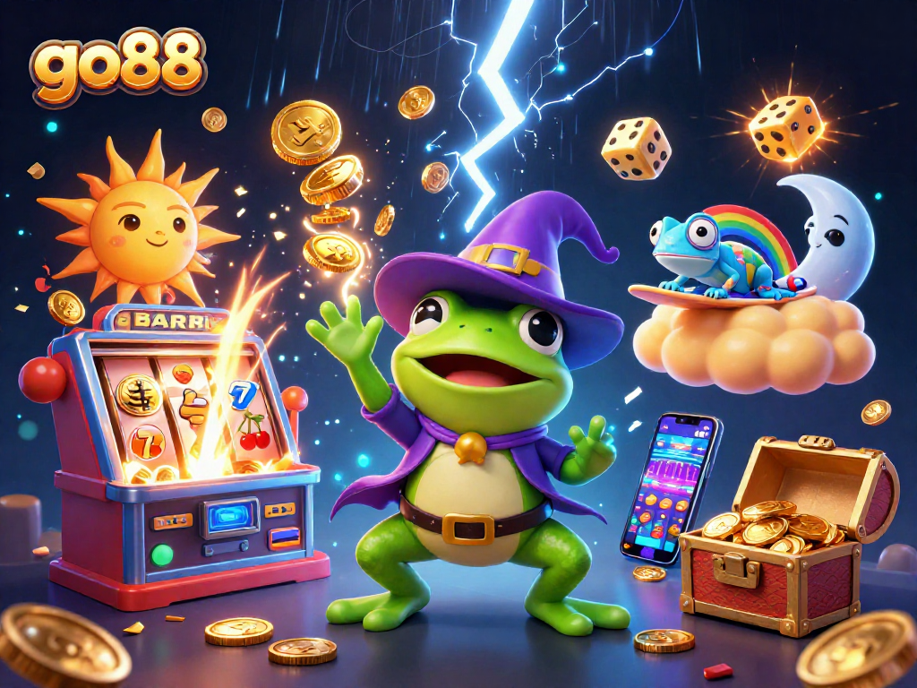 Win big with go88 as a wizard frog conjures a jackpot storm in a vibrant casino scene.