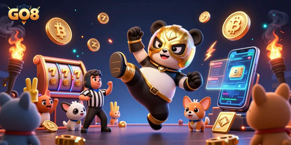 Win big at GO8 with an exciting scene featuring a wrestling panda, crypto elements, and bright casino symbols.