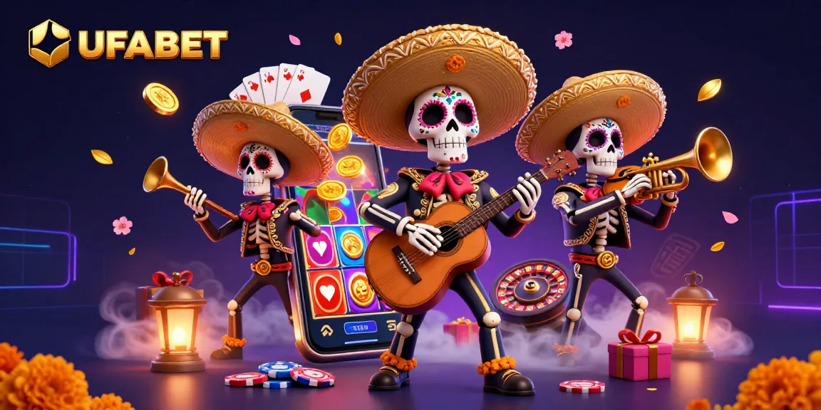 Experience the vibrant UFABET casino world with a lively mariachi band amidst exciting gaming elements.