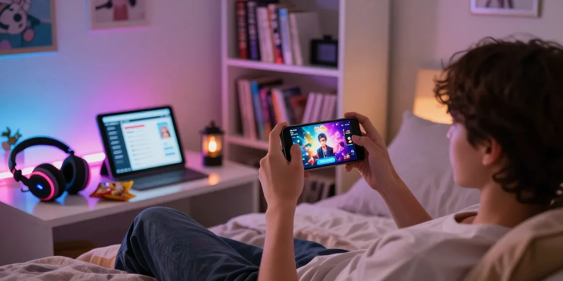 Experience free mobile hentai games on your smartphone in a cozy, inviting bedroom setting with gaming accessories.