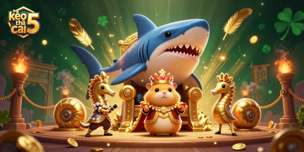 Experience the excitement of kèo nhà cái 5 with this dynamic scene illustrating a golden hamster king, seahorse guards, and gambling elements.