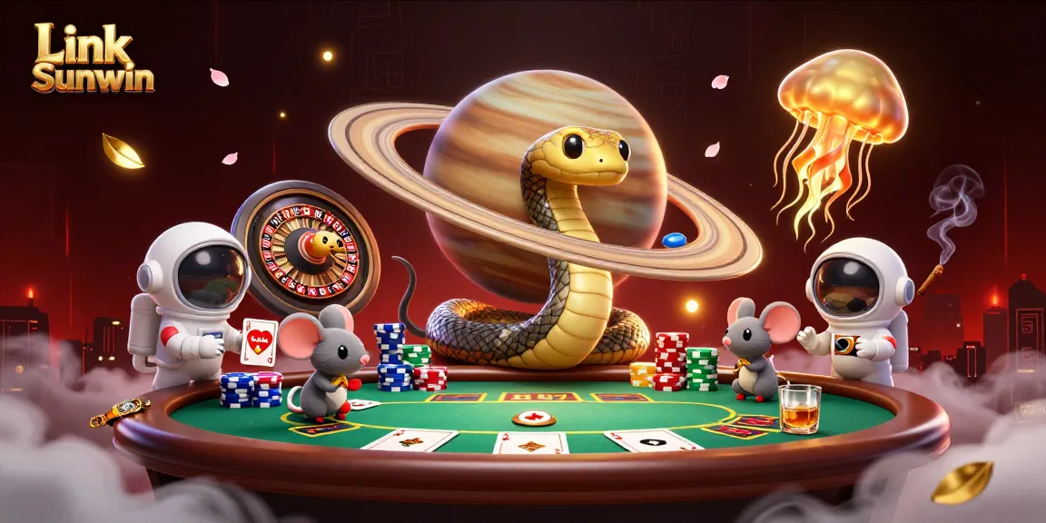Bet on Link Sunwin with the Saturn ring snake and cosmic dealer in a vibrant 3D illustration.
