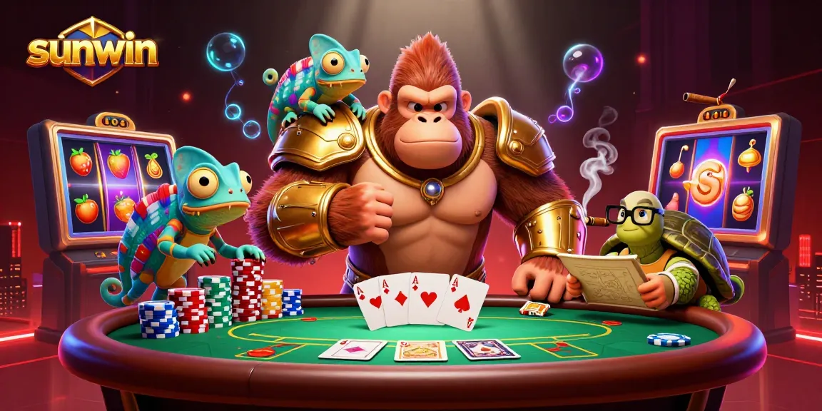 Experience thrilling gameplay at Sunwin with a vibrant gorilla king and dynamic slot machines spinning.